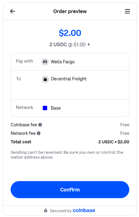 Coinbase order preview showing 2 USDC purchased from a bank account with a Coinbase fee of Free and a network fee of Free